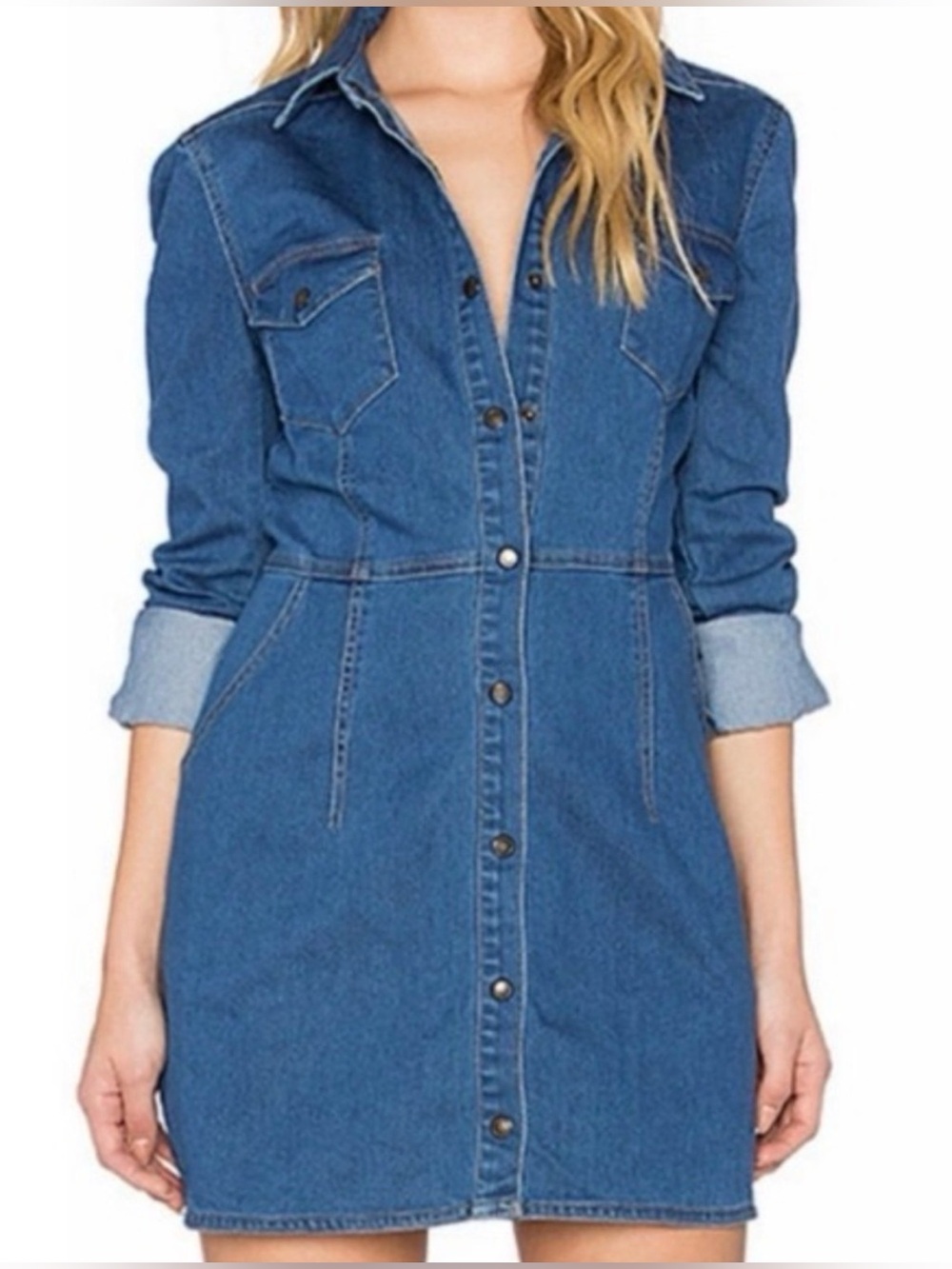 Free People Classic Blue Denim Button-Front Long Sleeve Dress